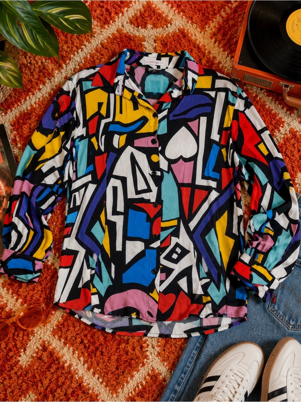 Retro Funky Abstract Button Up Blouse Oversized 80s 90s Pop Art Top